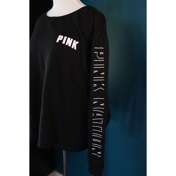 Victoria's Secret PINK Nation Black Crew Sweatshirt w/White Logo Raw Hem Large - Picture 3 of 10